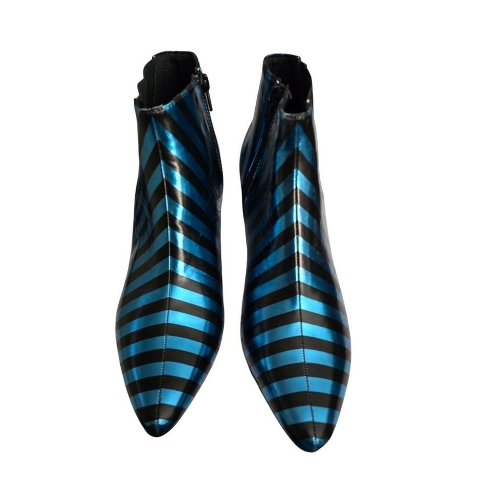 Boutique Metallic Blue Black Striped Ankle Boots Kitten Heel T4730 RYL 8M